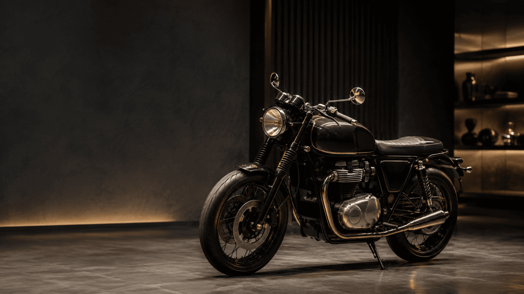 Black classic motorcycle in a private collection setting